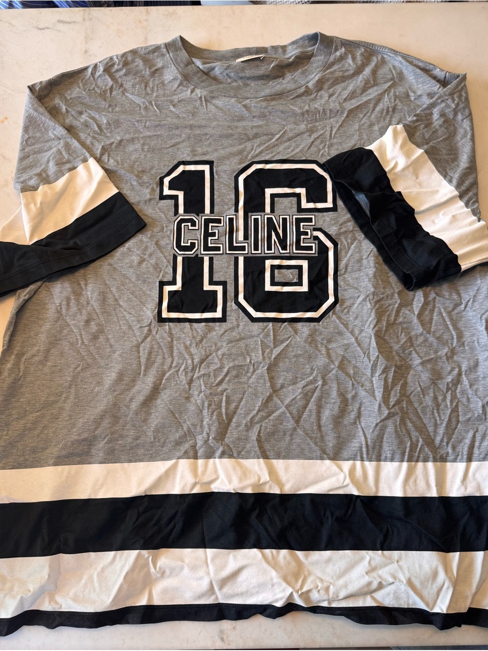 Celine Grey, Black & White '16' Athletic Long Sleeve Tee